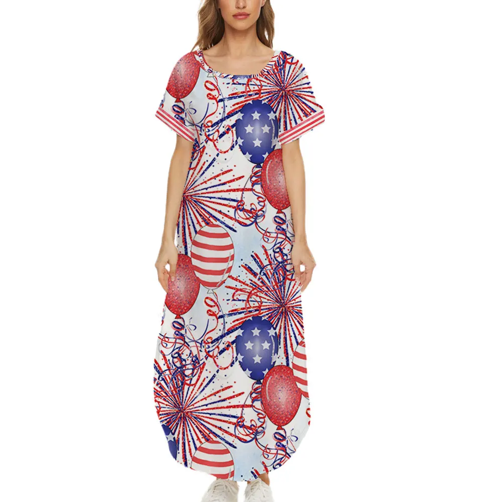 Women Maxi Dresses Summer Casual Loose Party Dresses American Independence Day Short-sleeved Hem Irregular Round Neck Dress