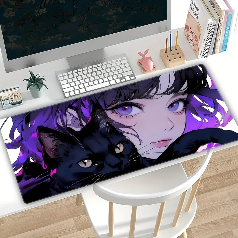 Anime Cat Girl Oversized Mouse Pad - High-Quality Rubber, Non-Slip, Precision-Stitched Desk Mat，Non-Slip Rubber Base