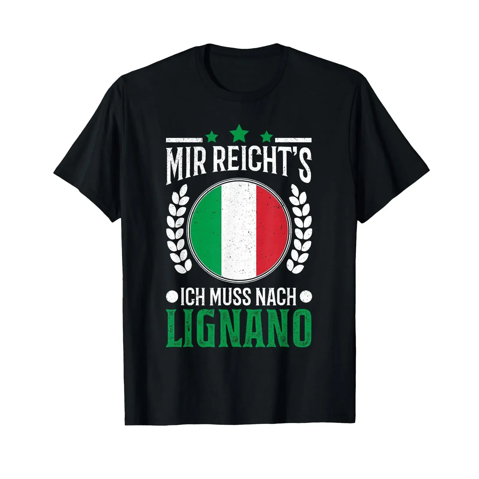 Camiseta de viaje vintage con gráfico lavado para hombre, ligeramente cómoda y transpirable, con la frase 'Mir reichts Ich muss nach Lignano' (Viajo a Lignano, Italia)
