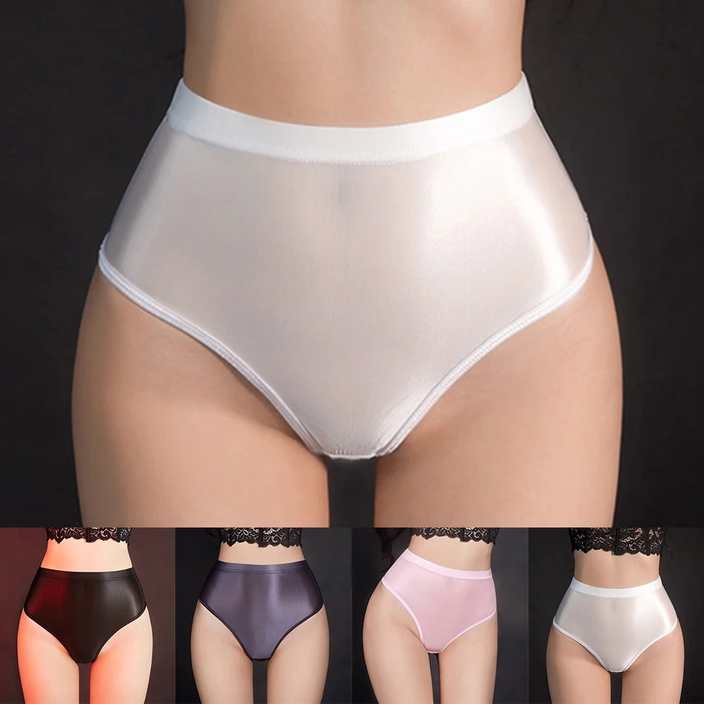 Sexy Women Panties Oil Shiny Sheer Briefs Ultra-thin See Through Knickers Hight Waist T-back Bikini Underwear Erotic Thongs