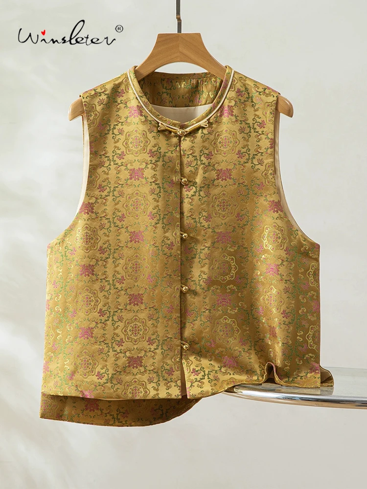 

Winsleter-100%Real Silk Song Brocade Elegant Vest Coat, O Neck Button, Women Retro Temperament Waistcoat, 2025 Autumn C5O033CC