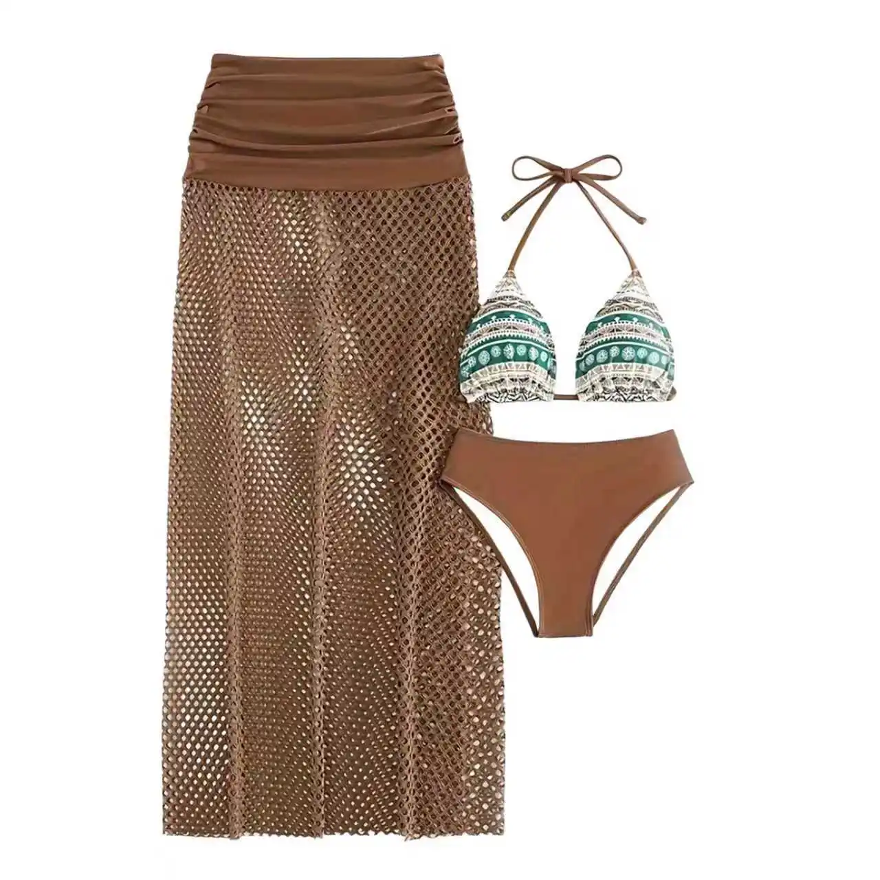 Sexy Split Swimwear, Women's 3-Piece Bikini Set with Wrap Skirt, European & American Style for Seaside Vacation