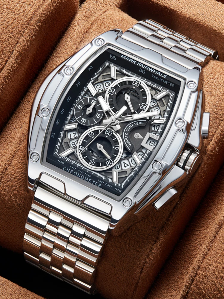 

Mark Fairwhale Brand Chronograph Watch For Mens Luxury Steel Tonneau Clocks Man Fashion Multifunction Quartz Wristwatch Reloj