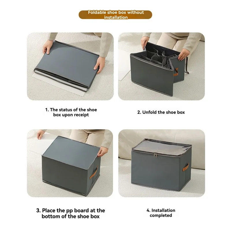 

2 Pack Shoe Organizer For Closet With Transparent Cover And Sturdy Handles- For Closet Shoe Storage Gray