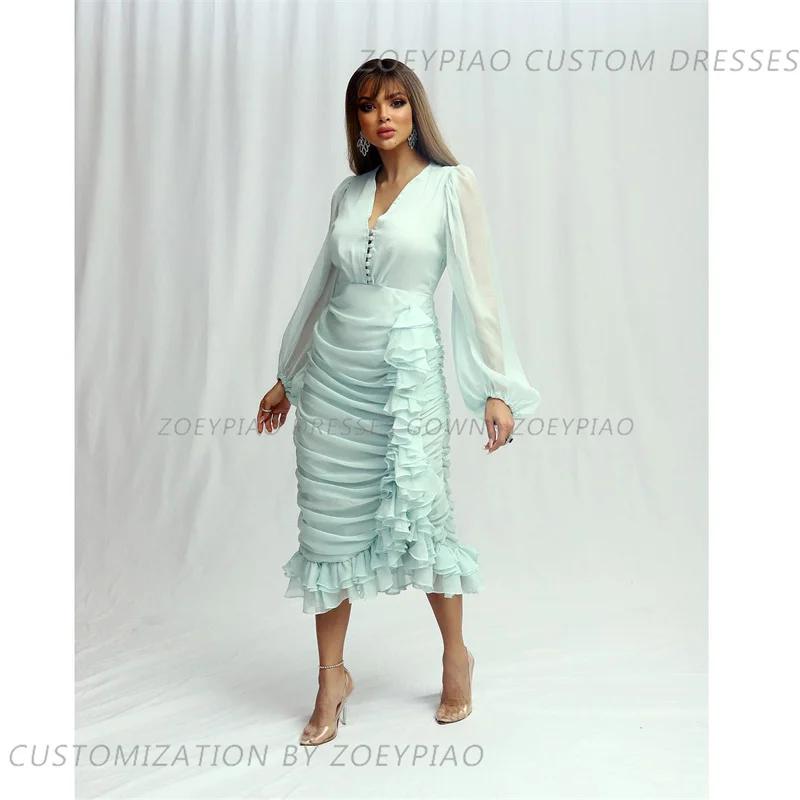 Light Green Chiffon Button Prom Dress High Quality Short Prom Dress Gowns With Ruffles Full Sleeves vestidos de fiesta de noche