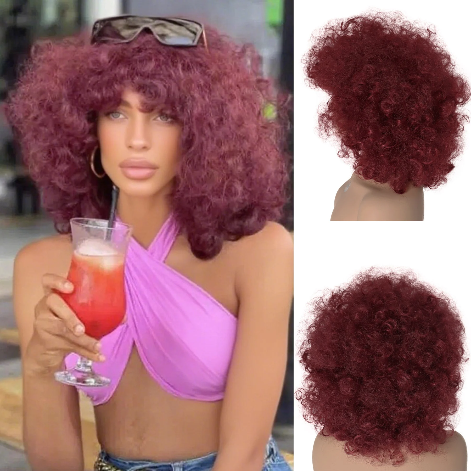 

Винно-красный афро-кудрявый парик из синтетических волос для чернокожих женщин, короткие надувные парики, повседневный косплей, костюм для вечеринки, термостойкий