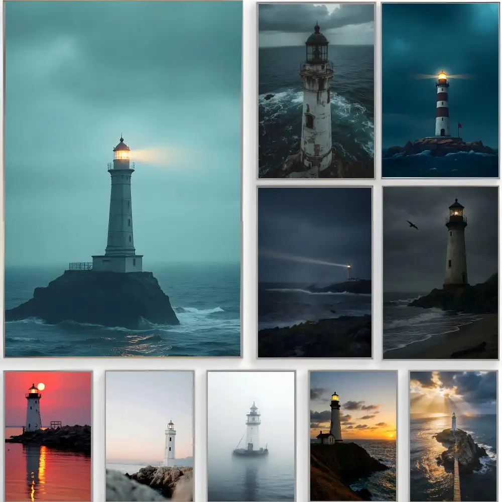 scenic illustration l-lighthouse Poster Classic Wall Art  Home Decor  Peel and Stick Unframed