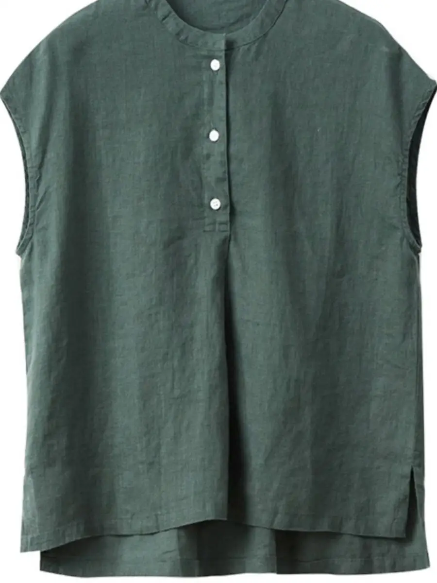 ゆったりとした綿麻のスウェットシャツ、女性用夏物薄手トップス、ボタンデザイン、無地、通勤、カジュアルなスウェットシャツ