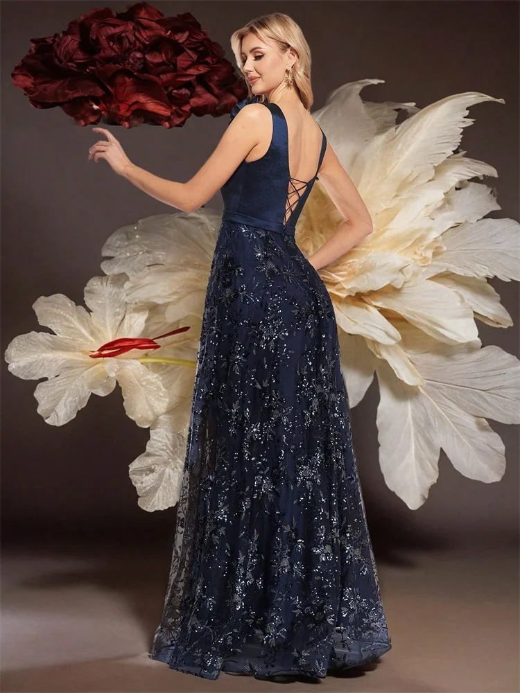 우아한 v-목 골드 꽃 이브닝 드레스 긴 2024 럭셔리 여성 쉬폰 민소매 파티 드레스 댄스 파티 칵테일 드레스