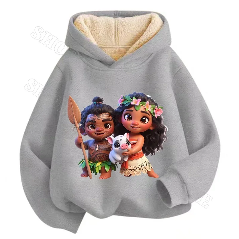 Disney Moana 2 Kids Imitation Cashmere Hooded Sweatshirt Cute Boys Girls Clothes Cartoon Anime Graphic Print Streetwear Gifts