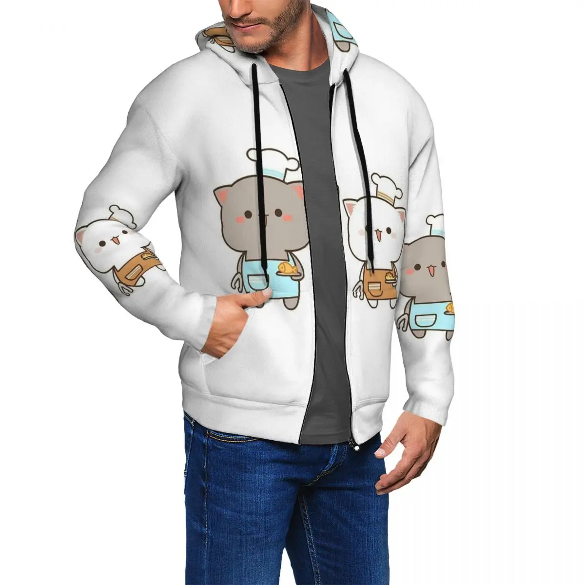 Funny Cooking Master Peach And Goma Mochi Cat Zipper Hoodies Pullover Autumn Winter Men Women Sweatshirts Long Sleeve Tops