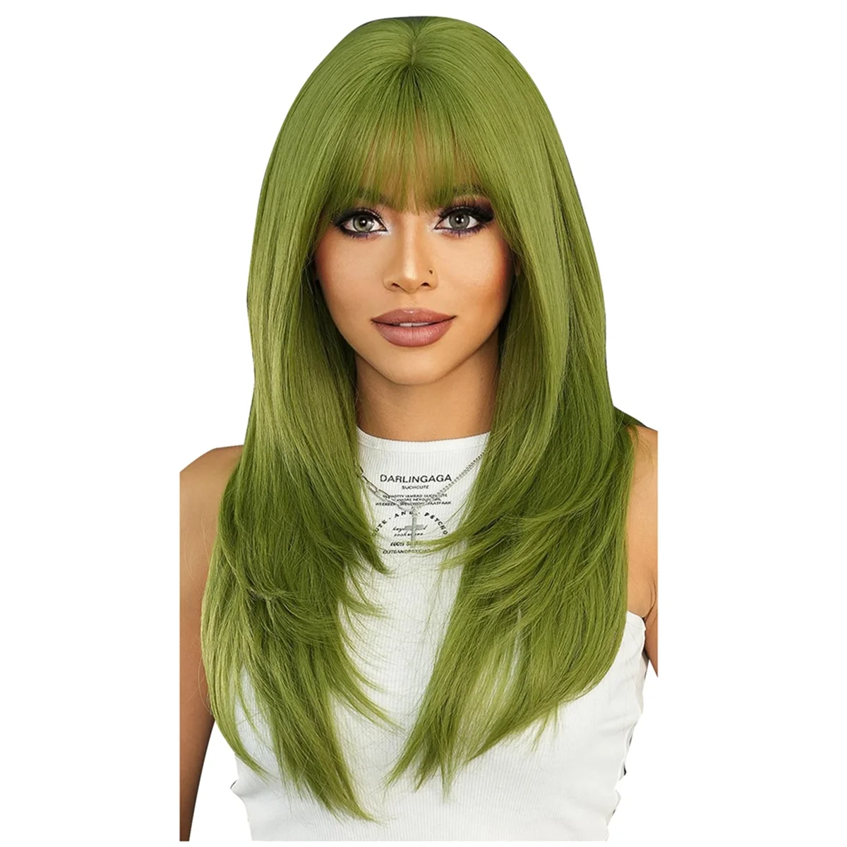 

Wig Long Straight Green Synthetic Wig with Bangs Layered Straight Medium Long Anti-Heart Women Party Cospaly Wig(24Inch)