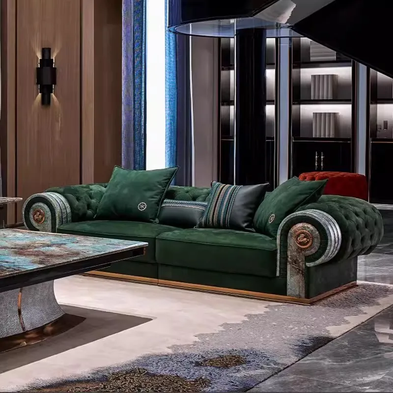 #￥MR Luxury Stainless Steel Base Leather Buckle Sofa Custom Living Room Couch Sofa Set Sectional Sofa Villa