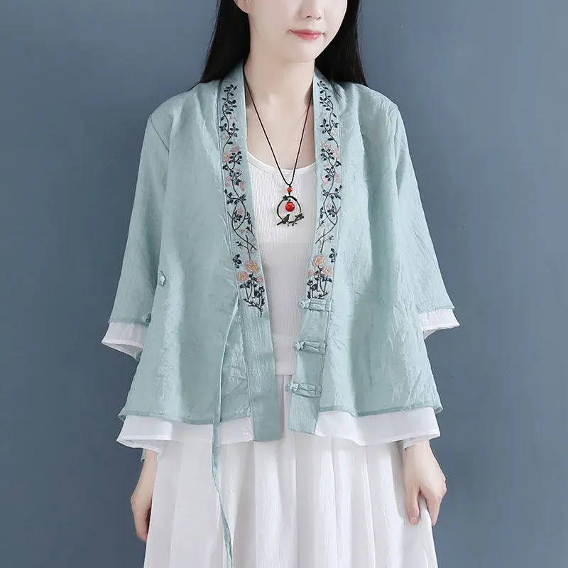 Summer New Ethnic Style Vintage Cotton and Linen Shirt Female Patchwork Fake Two Pieces Embroidered Loose Casual All-match Tops