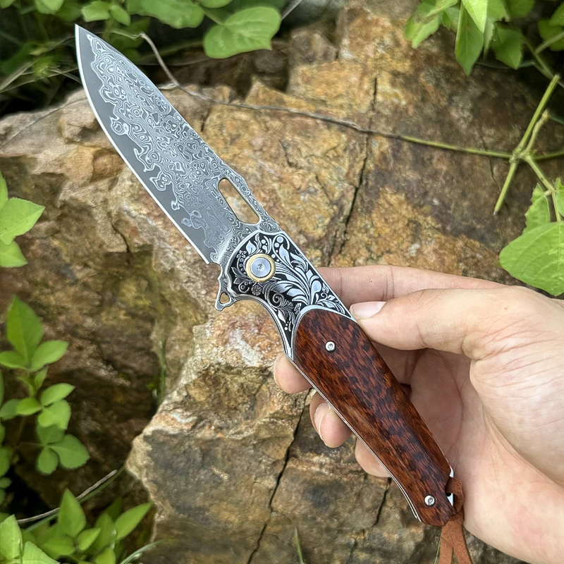 High-quality Damascus folding knife with a portable EDC clip and leather sheath ideal pocket knife for outdoor camping and hikin