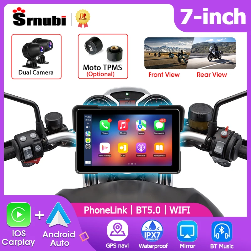 

Srnubi 7" Carplay Screen for Motorcycle DVR Navigation GPS Wireless Android Auto Airplay Mirror-link Motorbike Monitor with TPMS
