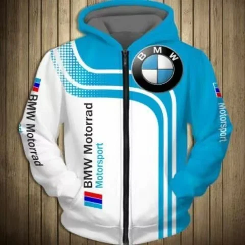 

Men's Autumn BMW Zipper Hooded Sweatshirt Long Sleeved 3D Printed Fashionable Sports Motorcycle Racing M Power Car Brand Fashion