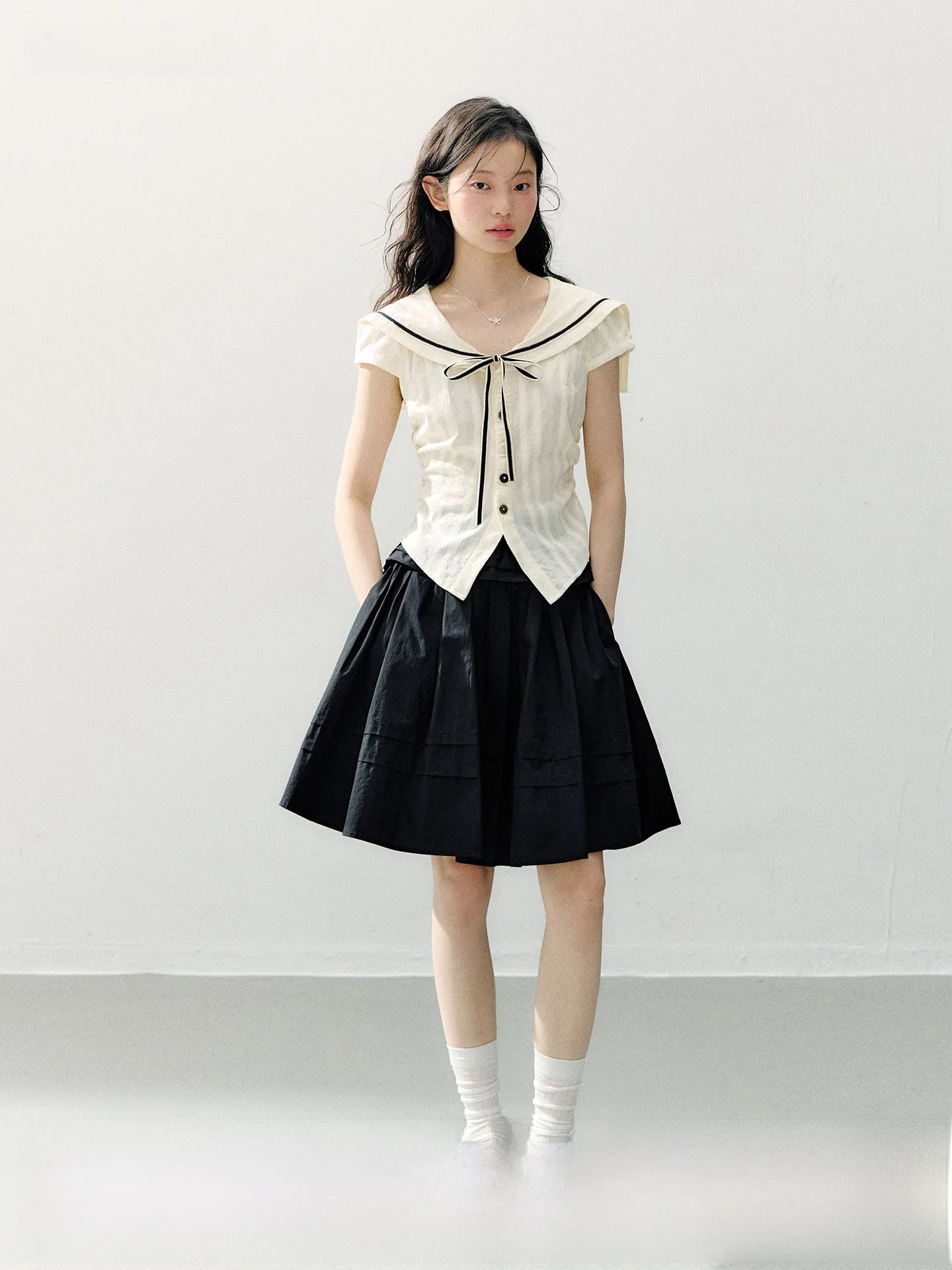 

Annatto Summer Naval Collar ort Sve irt A-Line Skirt Two-Piece Set Women's Loose Fit Faion Ensemble
