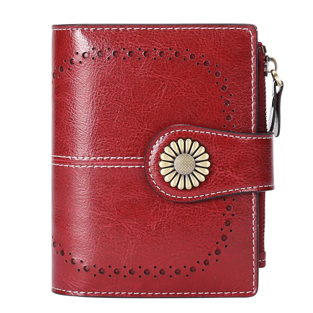 

Retro Three-fold RFID Shielding Wallet Women Short Sun Flower Hollow Design Genuine Leather Change Bag Zipper Coin Card Bag