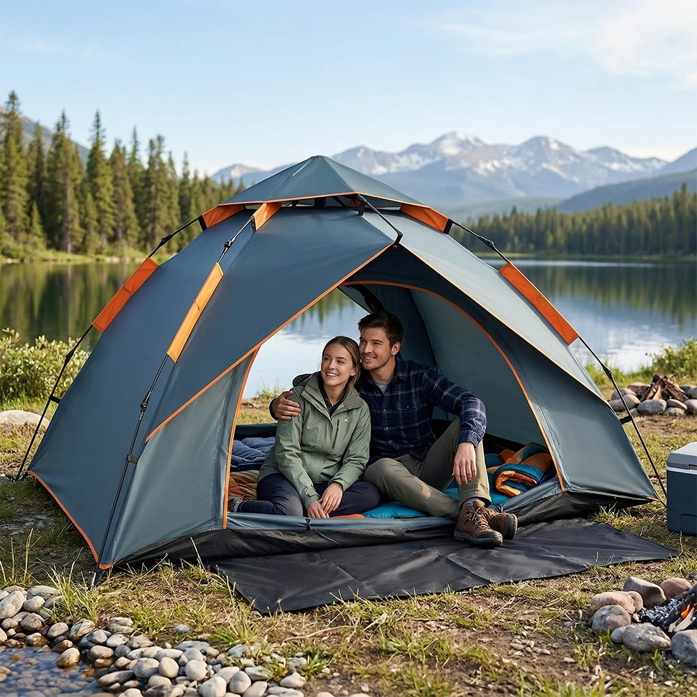 Automatisches Zelt mit hydraulischem System – öffnet sich in 1 Minute – abnehmbare äußere Plane – 210D Polyester, wasserdicht, winddicht – Fiberglasstangen – für Camping, Wandern, Bergsteigen
