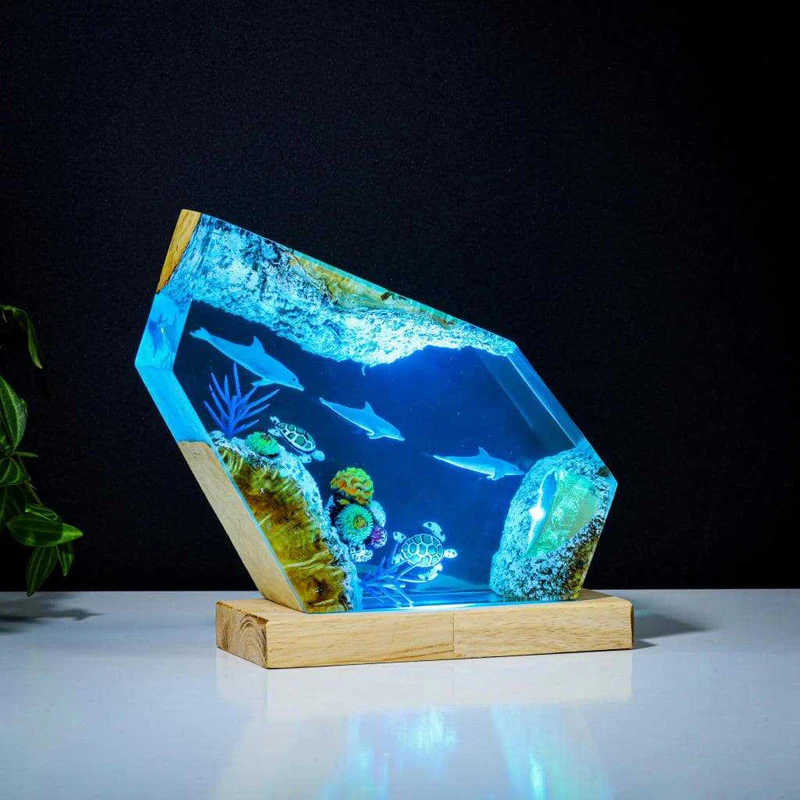 Luz de mesa de resina com organismo mundial do fundo do mar, arte criativa, decoração, lâmpada, golfinhos, tartarugas marinhas, tema, luz noturna, carga usb