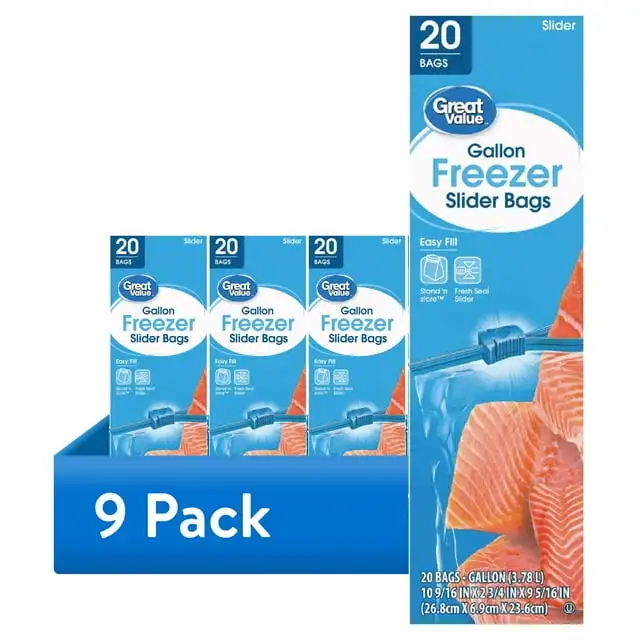 

(9 pack) Great Value Freezer Guard Slider Zipper Bags, Gallon Freezer, 20 Count