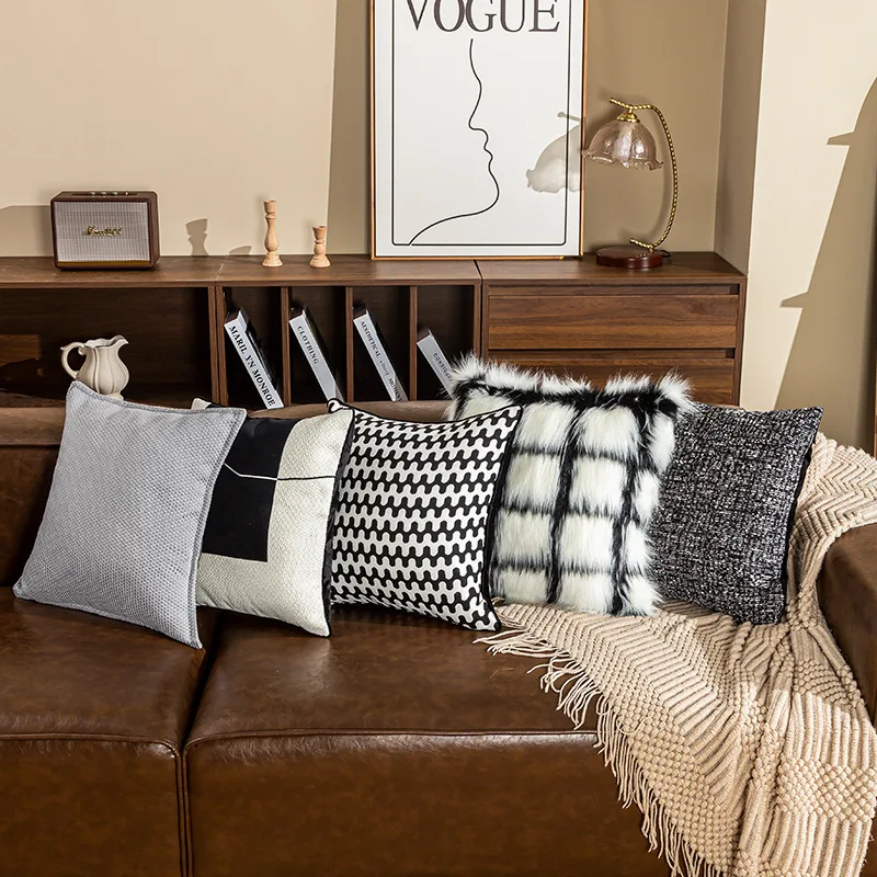 45X45CM Grey Nordic Throw Pillow Cover Retro Checkerboard Stamping Waist Cushion Cover Decor Home Decorative Pillowcase