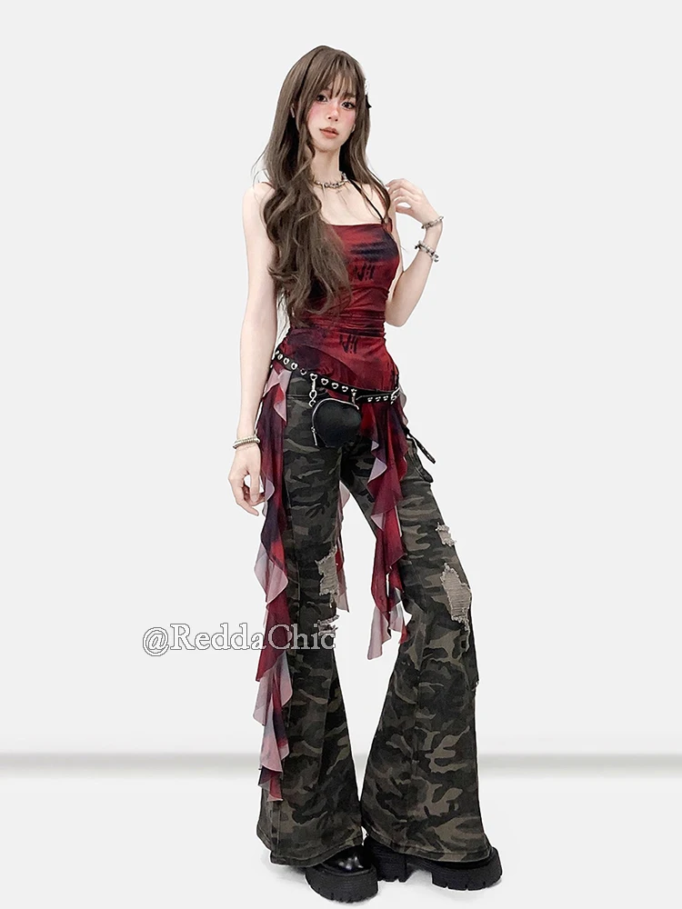 REDDACHiC Dark Punk Ruffle Fringe Top Women Gothic Red Tie Dye Mesh Camisole Sleeveless Vest Night Out Concert Festival Outfit