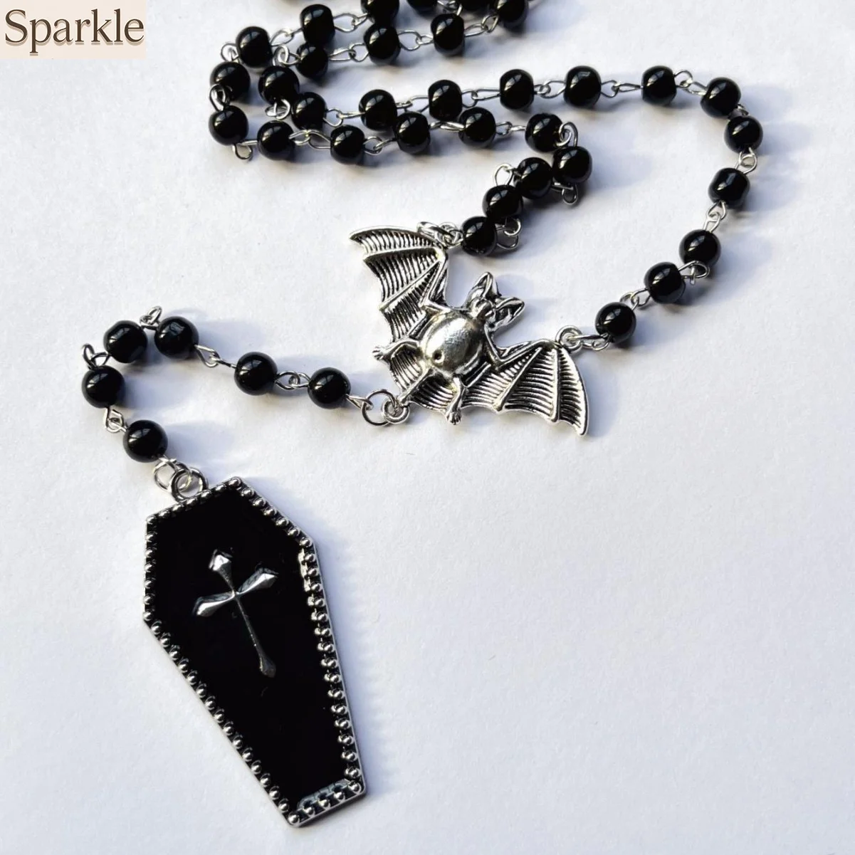 

Y2K E-girl Bat & Red Cross Coffin Beaded Necklace Pendant Sweater Chain Vampire Inspired Edgy Fashion Neck Jewelry Punk Street
