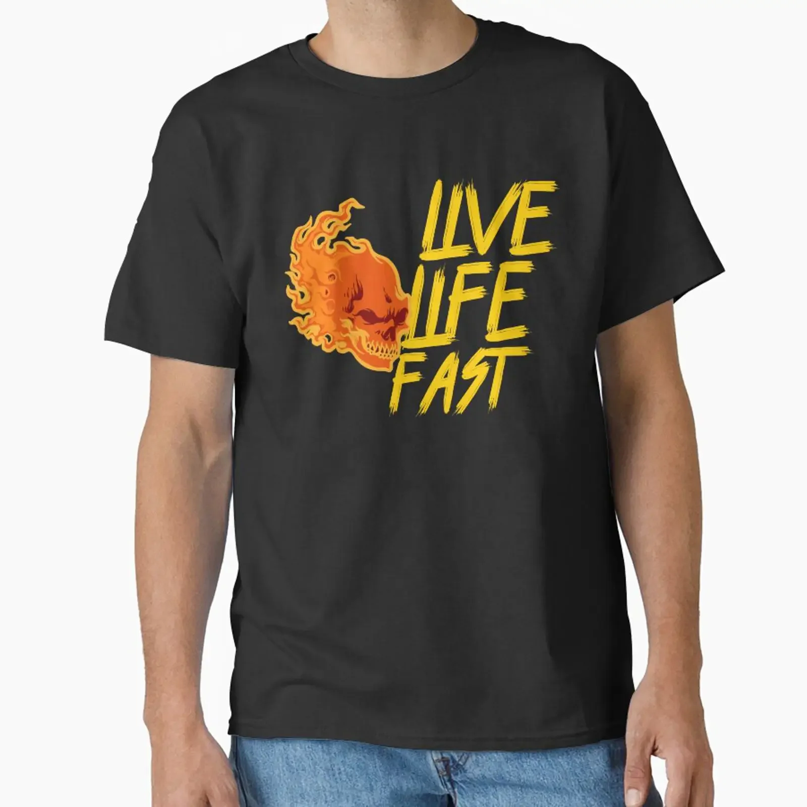 Live Life Fast Flaming Skull Café Racer Cool designed and sold by GO SHIRT TEE vintage Washed Versatile Top For Everyday Wear