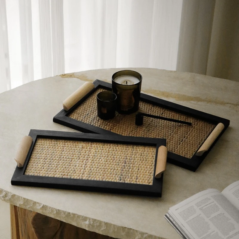 Vintage Chinese Homestay Tea Tray Living Room Decoration Dried Fruit Storage Tray Wooden Kitchen Rattan Tray Decorations