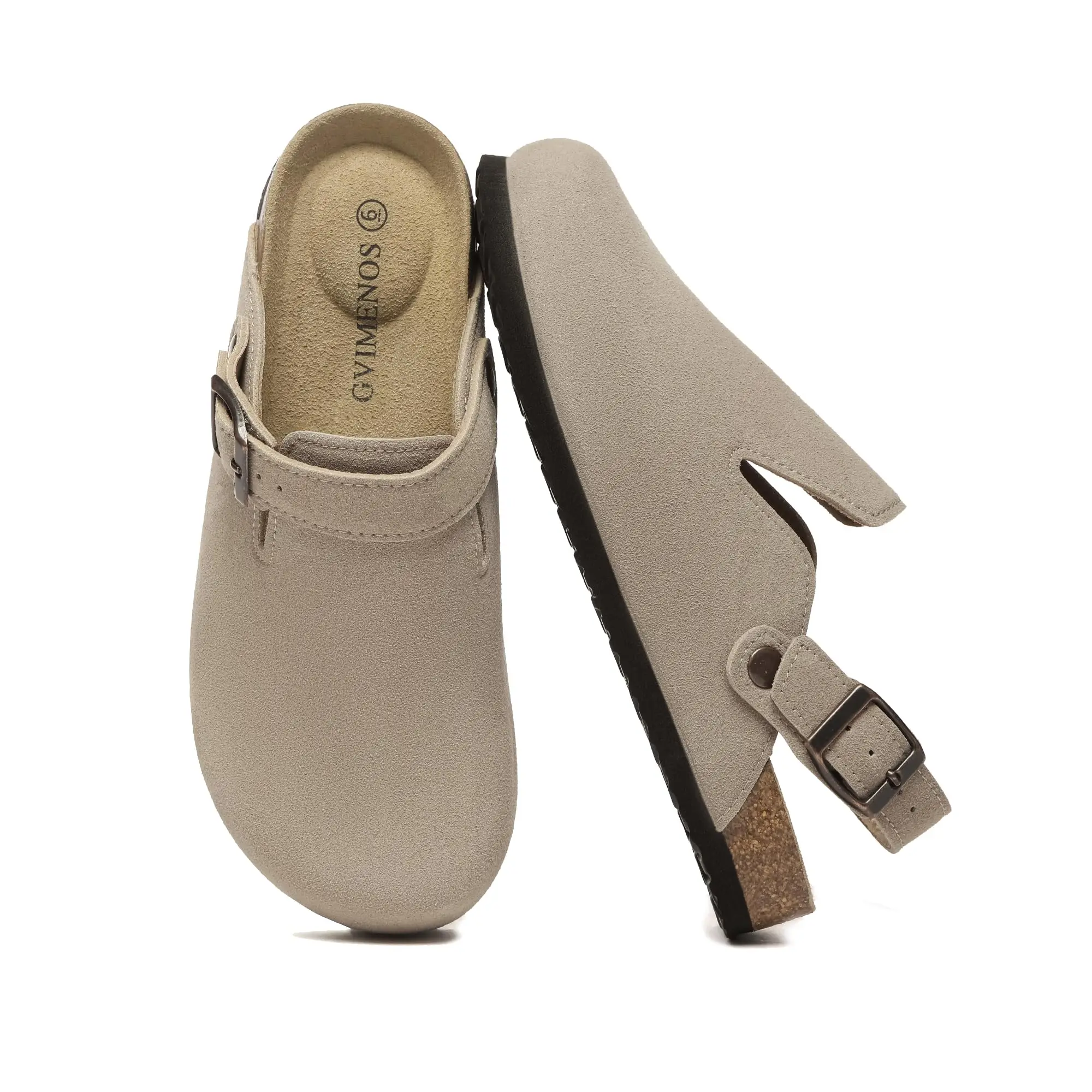 Evshine Sabots et mules unisexe en cuir véritable pour femmes et hommes, à enfiler, avec sangle réglable, soutien de la voûte plantaire et semelle intérieure en liège 1