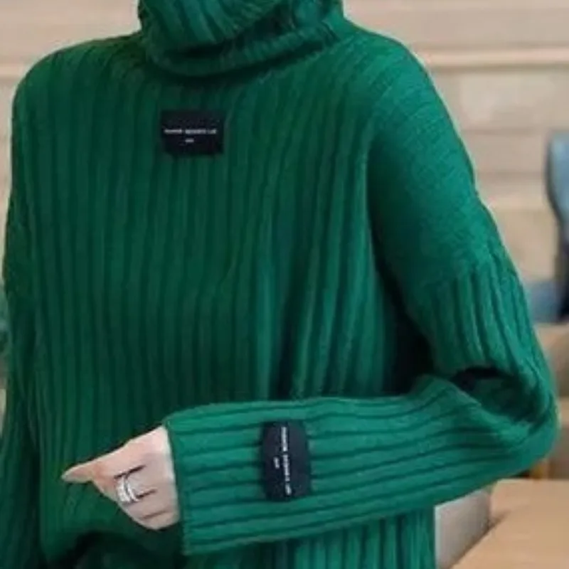 Autumn and Winter Women\'s Solid Color High Neck Sweater 2023 Loose Fit Mid Length Elastic Elegant Knitwear Tops Female Clothing