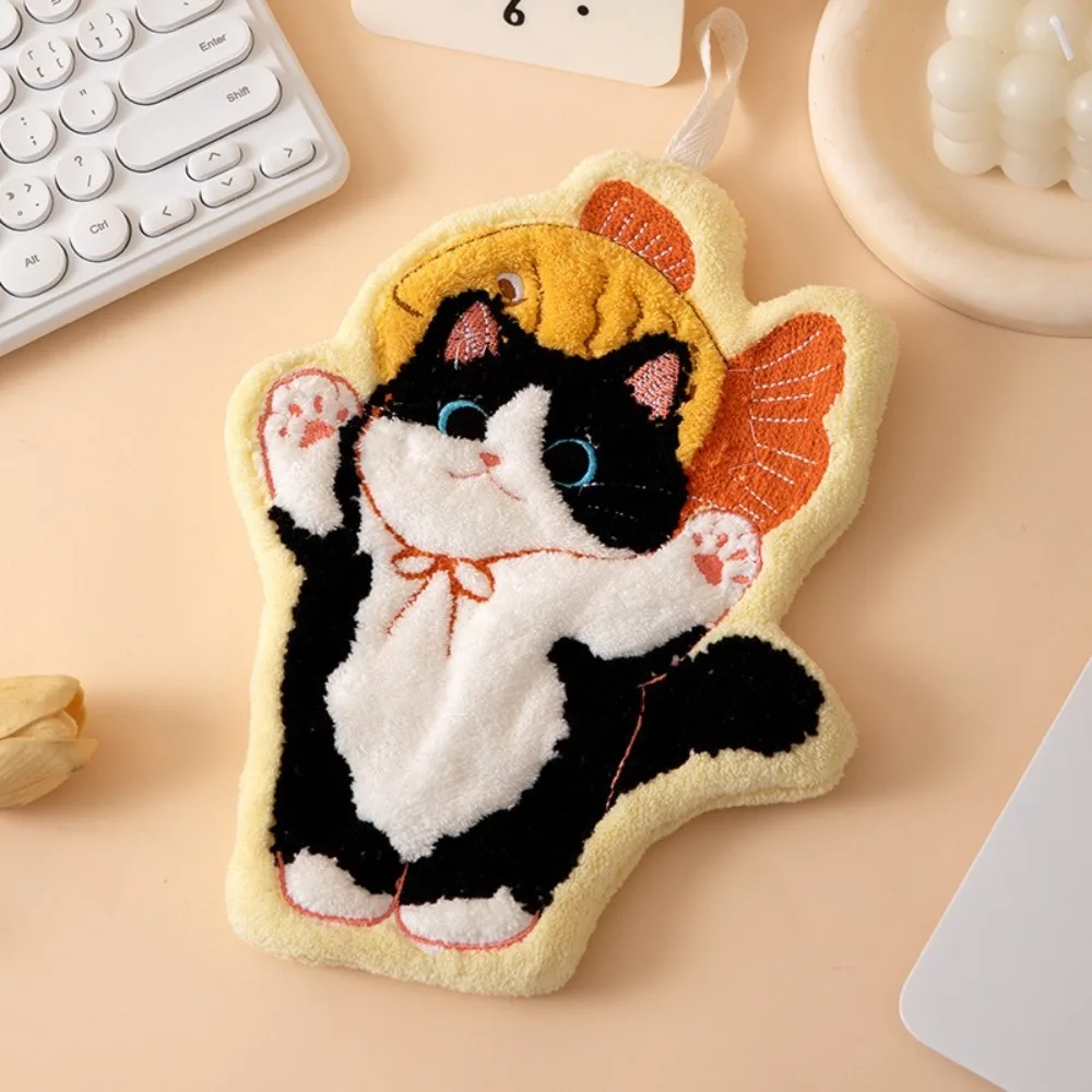 Durable Cute Cat Hand Towel Soft Strong Water Absorption Toilet Handkerchief Coral Fleece Thickened Bathroom Kerchief Kitchen