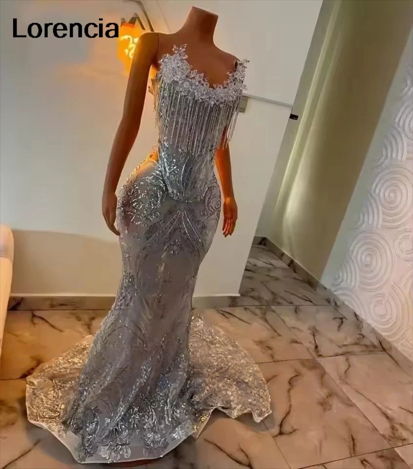 Personalizzato Africano Aso Ebi Scintillante Argento Sirena Vestito Da Promenade Con Perline Cristalli Applique In Pizzo Abito Da Sera Robe De Sorrie YPD339
