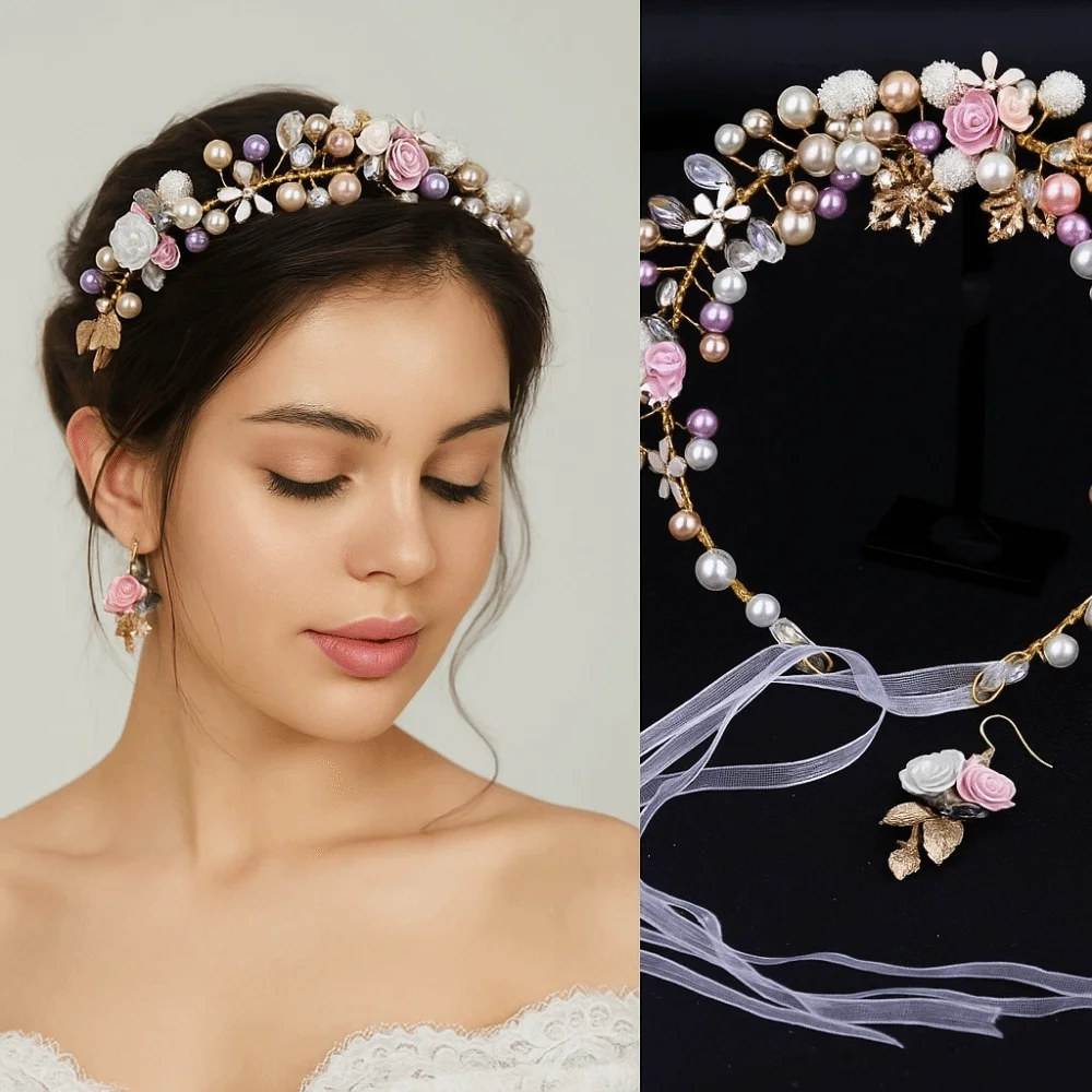 Eenvoudige legering bloemkroon gouden kleur haarhoepel prinses kronen oorbellen Koreaanse stijl bruid tiara's meisjes