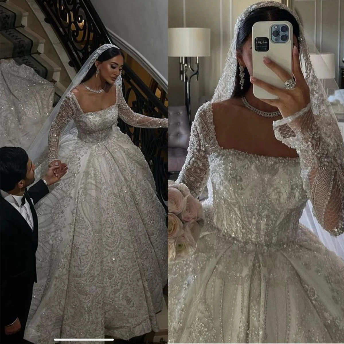 Luxury Wedding Dresses Square Neck Long Sleeves Beadings Appliques Lace Ball Bridal Gowns Custom Made Sweep Train Robe De Mariee