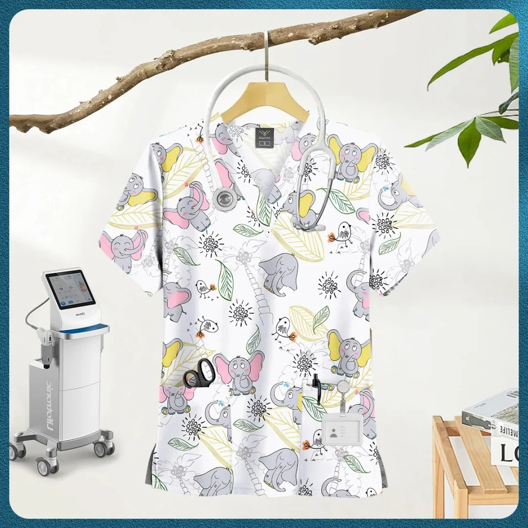 어린이용 동물 프린트 의료복 빠른 건조 통기성 반팔 상의 여름 여성용 루즈 캐주얼 간호사 유니폼