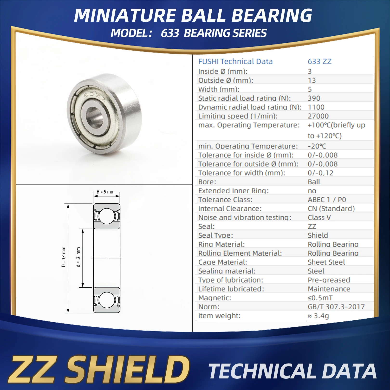 FUSHI 633ZZ 633 2RS Bearing 3x13x5 mm 10Pcs 633 ZZ 633 RS  Bearing For Strong Industrial Motors High Speed