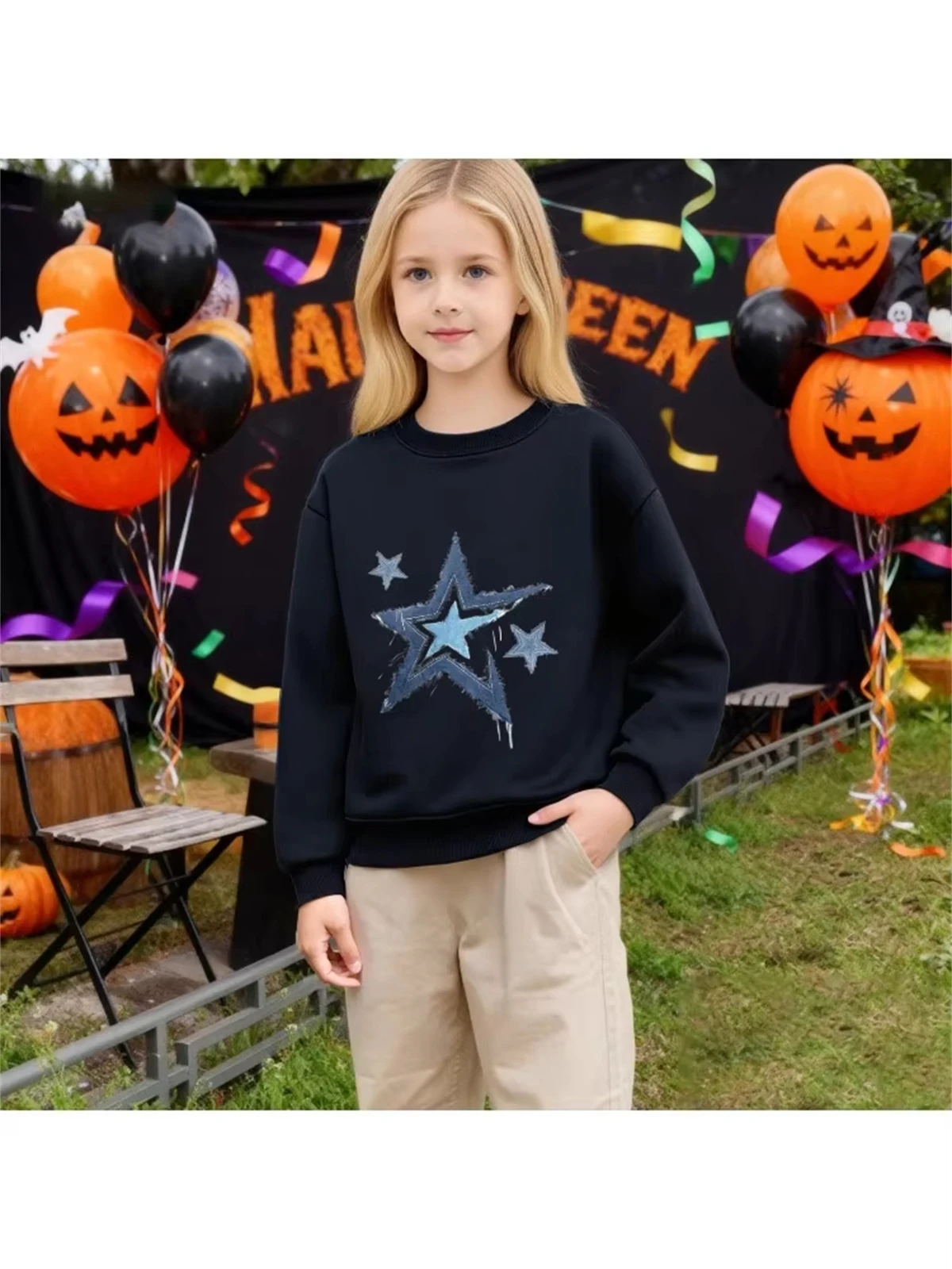 

Kids' Crew Neck Sweatshirt - Distressed Blue Star Graphic White Pullover, Trendy Denim-Inspired Casual Top