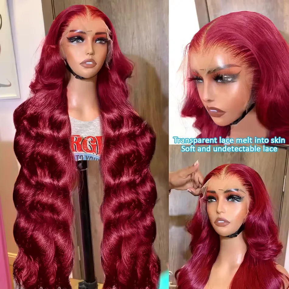 Wigirl 180 Density 99J Burgundy Body Wave 13x6 Lace Frontal Wigs 30 40 Inch Water Wave HD Transparent Human Hair Wigs For Women