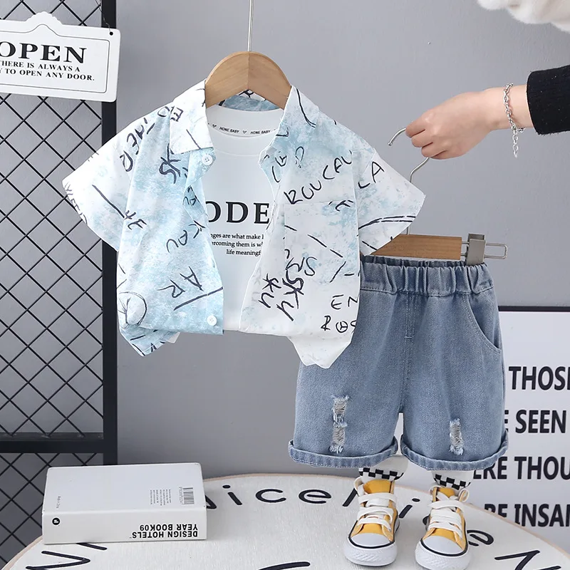 

Summer Clothes for Kids Set 2025 Korean Fashion All Over Print Letter Short Sleeve Shirts + T-shirts + Shorts Baby Boys Outfit