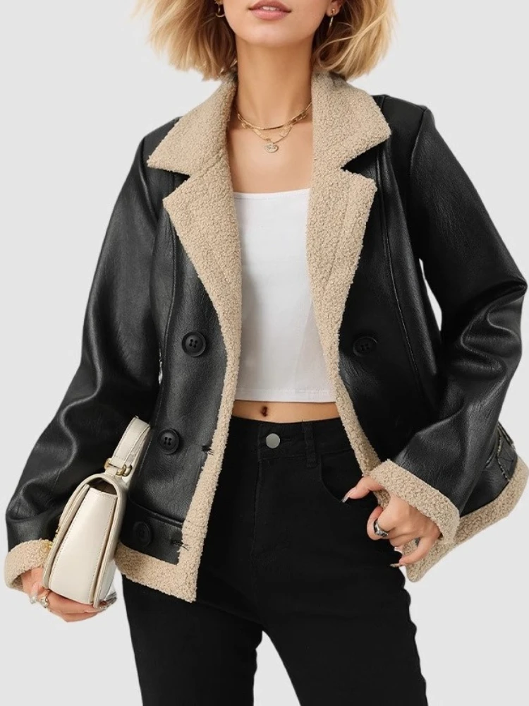 

Флисовая утолщенная кожаная куртка, женская маленькая ароматная ветровка с лацканами из искусственного меха, интегрированное европейско-американское пальто, кожаная куртка для женщин