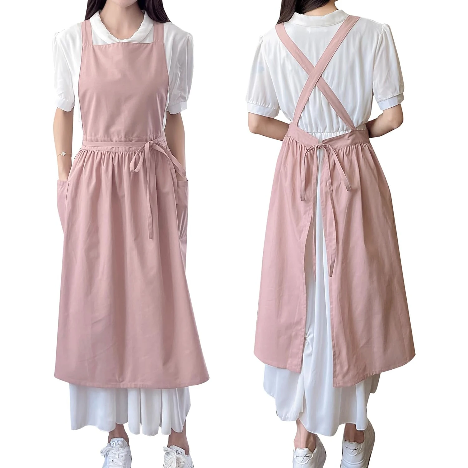 Waterdrop Women Cotton Linen Cross Back Apron with Pockets for Gardening Works Pinafore Dress