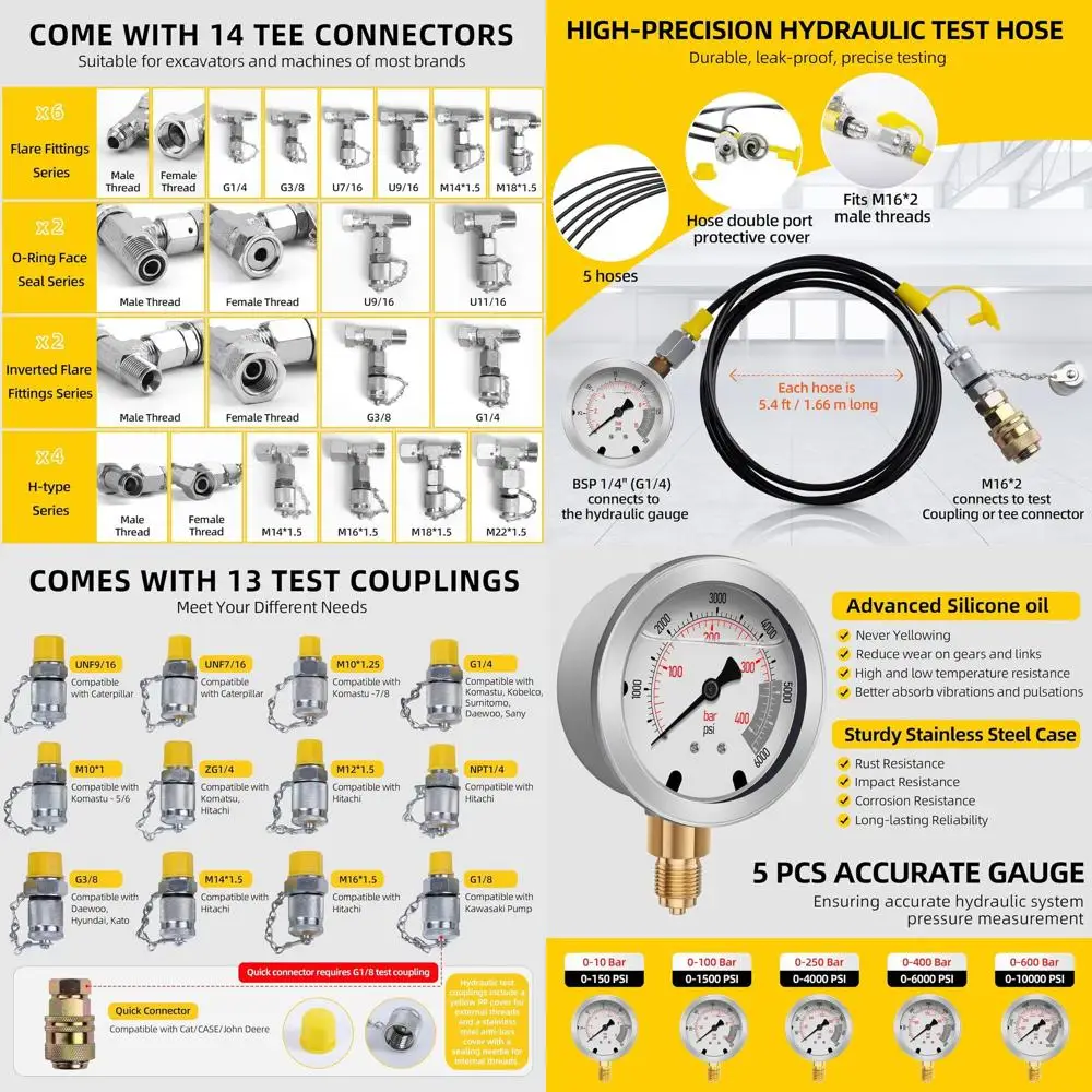 

Комплект для проверки гидравлического давления (5 манометров): 13 соединений, 14 шлангов, макс. 10000 PSI для экскаваторов, тракторов и горнодобывающего оборудования