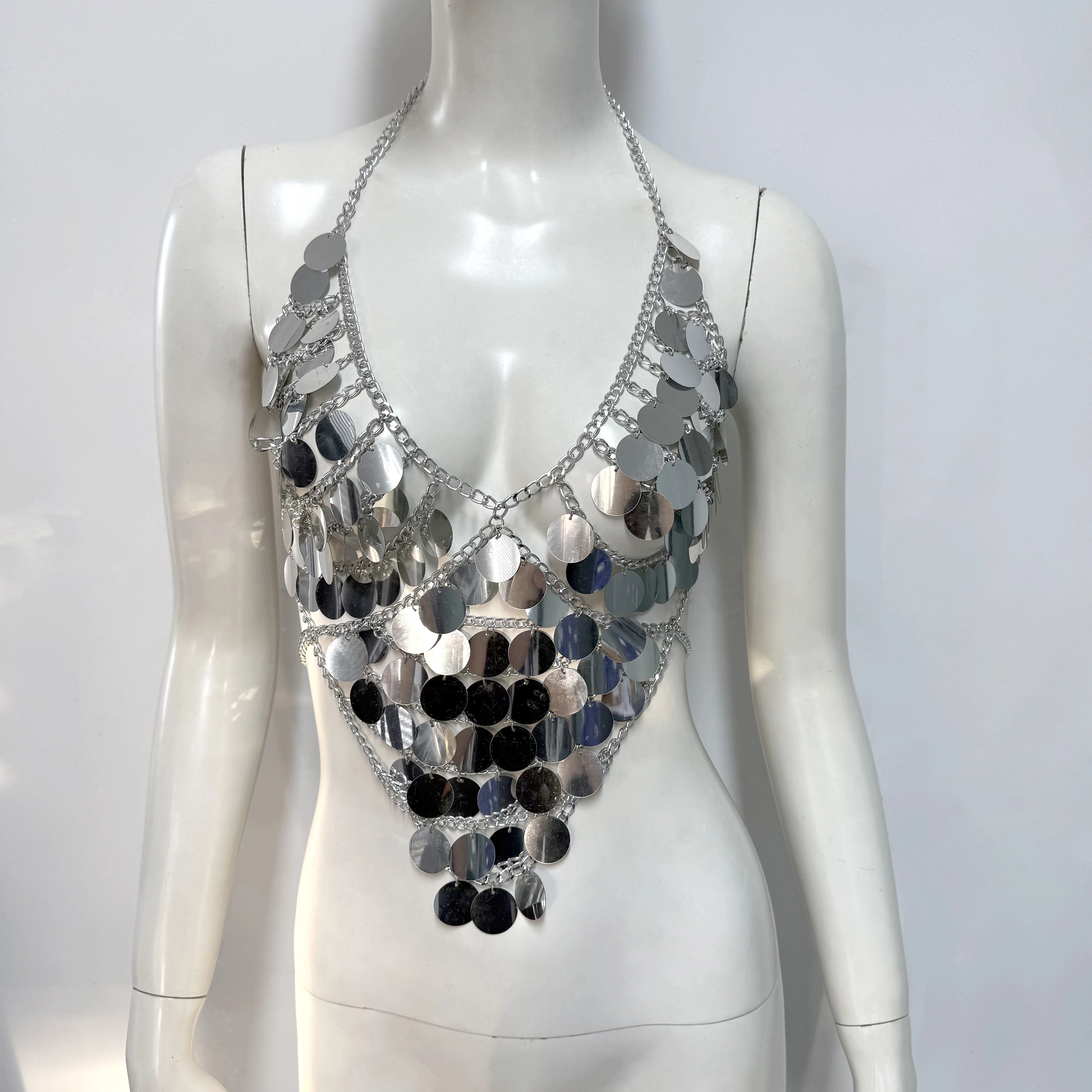 Débardeur Sexy pour femmes, col en V, dos nu, transparent, paillettes creuses, pompon, col licou, Camisole, Festival Rave, haut court, été