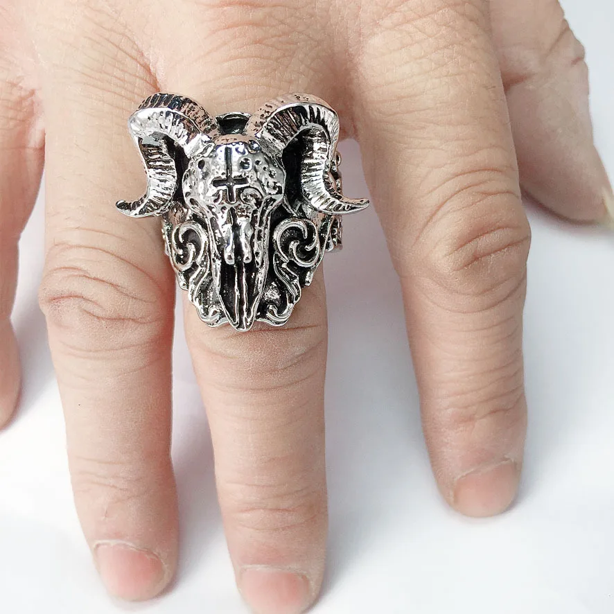 Retro Gothic Cross Demon Skull Sheep Head Open Adjustable Ring Men's Punk Religious Alternative Jewelry