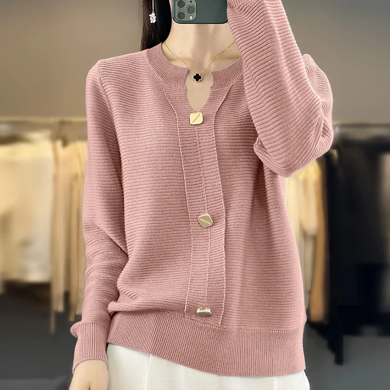 Women Autumn Winter Pure Wool Blend Sweater V-neck Button Decoration Pullover Female Soft Casual Knitted Bottoming Top 2024