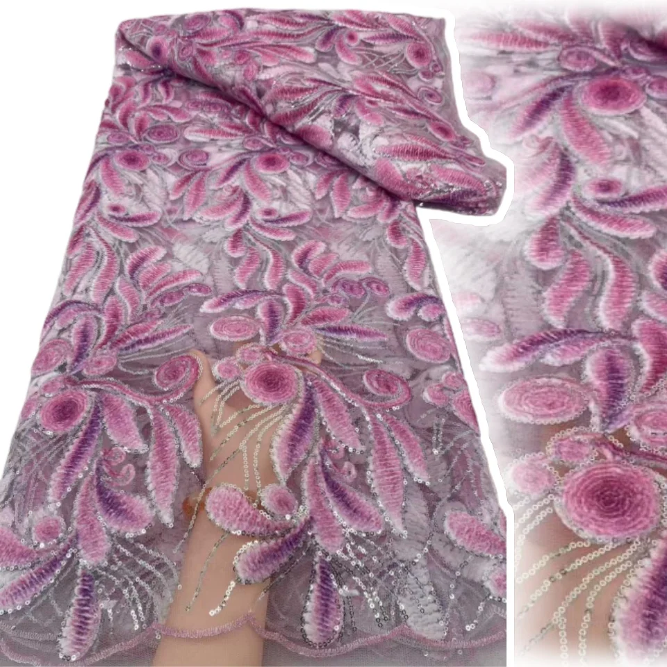 

2025 High Quality Lace Fabric for African 5 Yards Mesh French Tulle Lace with Sequins Nigerian Fabric for Women Dresses AH1661