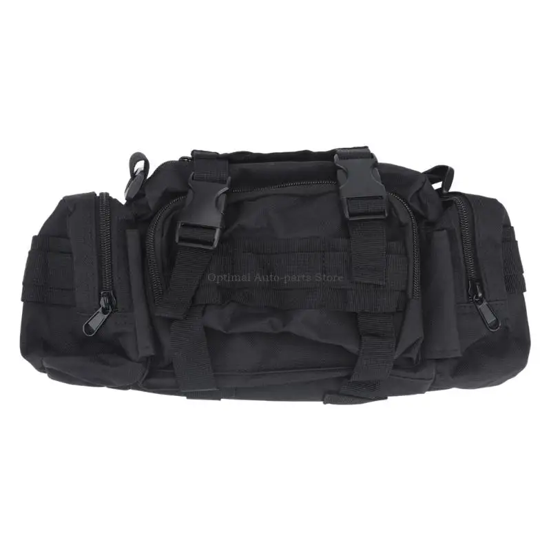 Black Vehicle Back Storage Bag with Detachable Multiple Pocket Sections, Webbing Rows, and Two Closure Styles